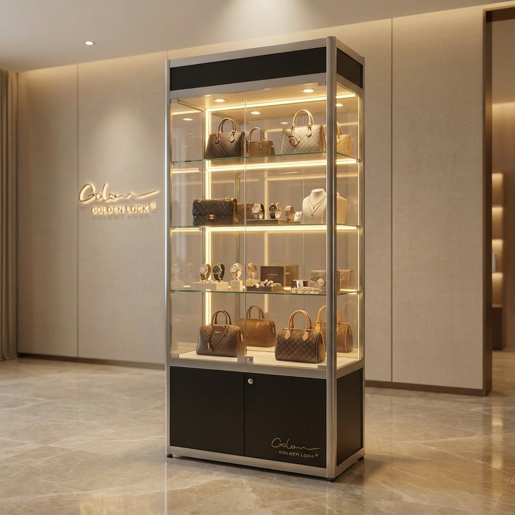 Glass Display Cabinet Black with Interior Lighting Vertical - Image 2