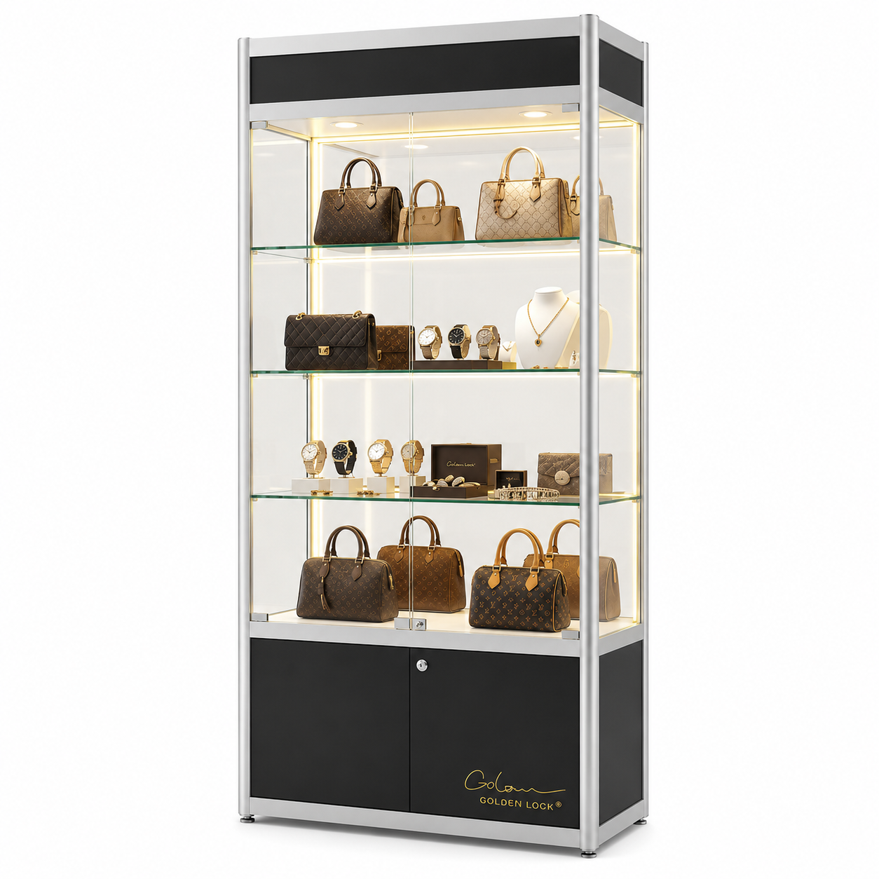 Glass Display Cabinet Black with Interior Lighting Vertical